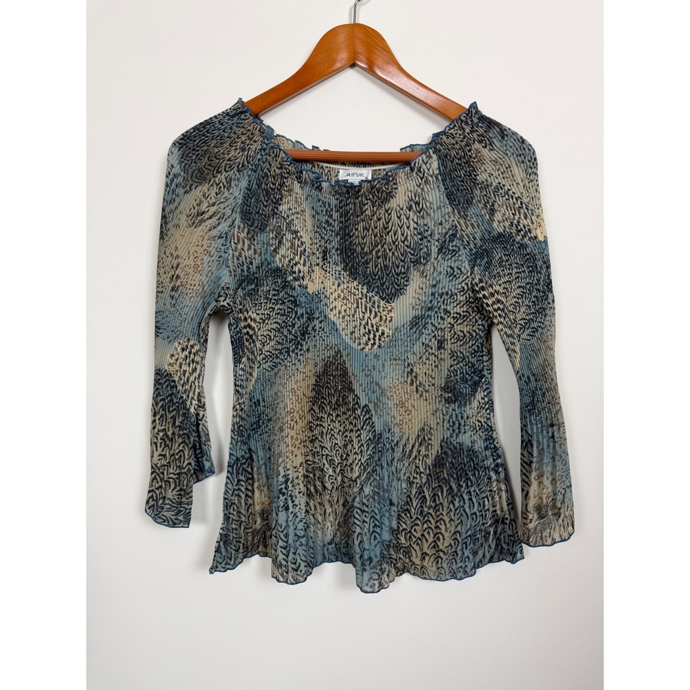 Jaipur Blouse Womens XL Blue Tan Abstract Print Pleated 3/4 Bell Sleeve